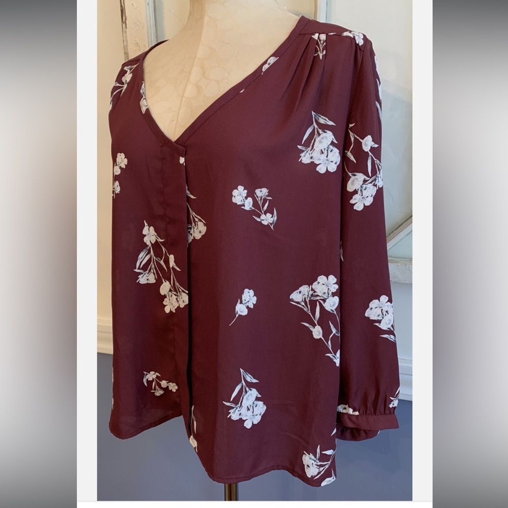 Collective Concepts Merlot Floral Blouse Sheer V-Neck Burgundy XL EUC - Picture 6 of 16
